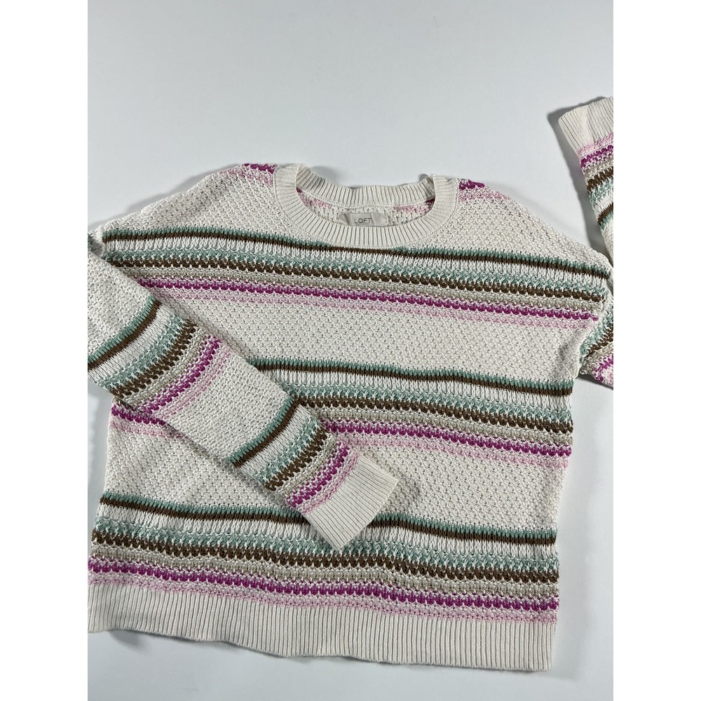 LOFT Textured Multi-Color Striped Knit Crewneck Sweater Pink Teal Size M